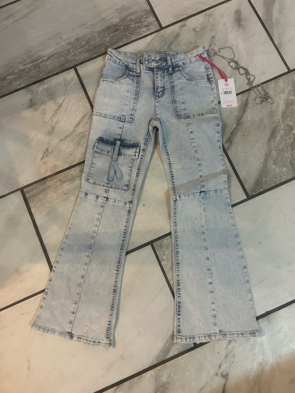 Justice Light Wash Flared Utility cargo Jeans - Light Blue girls 10